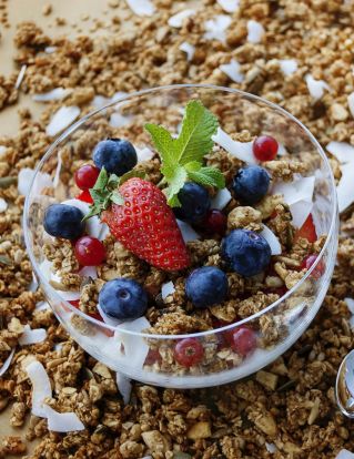 Strawberry And Blueberry On Clear Glass Bowl